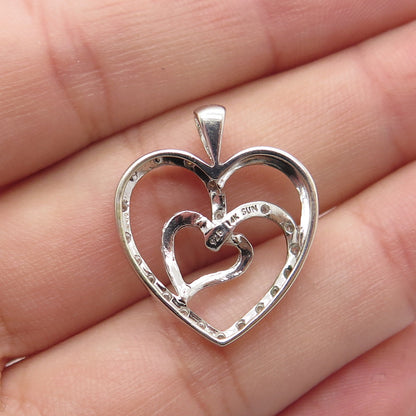 SUN 14K Rose Gold & 925 Sterling Silver Real Round-Cut Diamond Heart Pendant