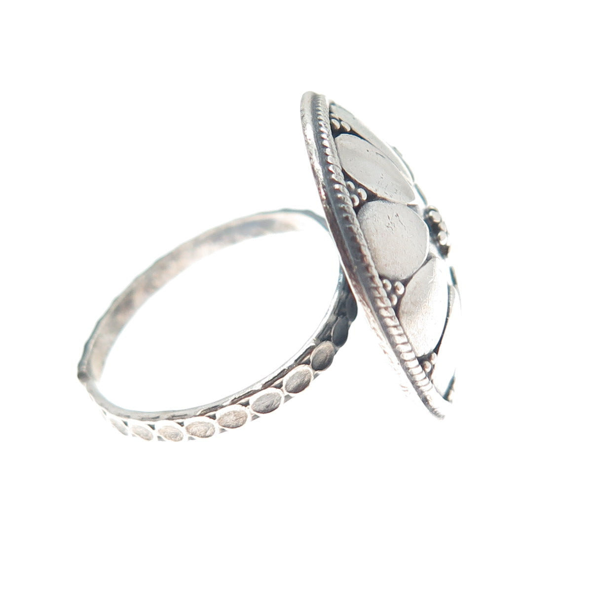 925 Sterling Silver Vintage Modernist Flower Oxidized Adjustable Ring Size 8.75