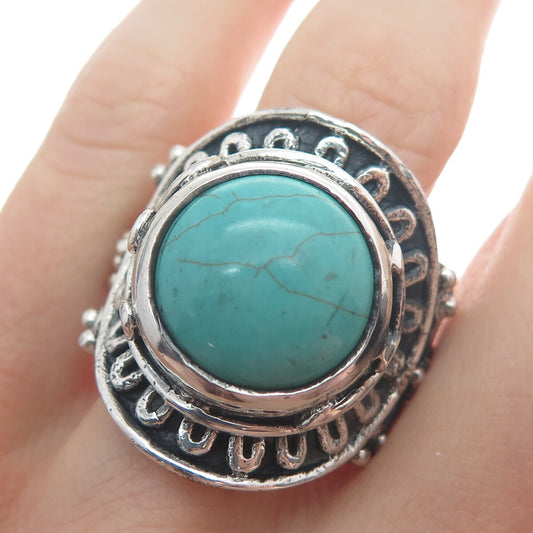 925 Sterling Silver Vintage Real Mountain Turquoise Sun Oxidized Ring Size 10.25