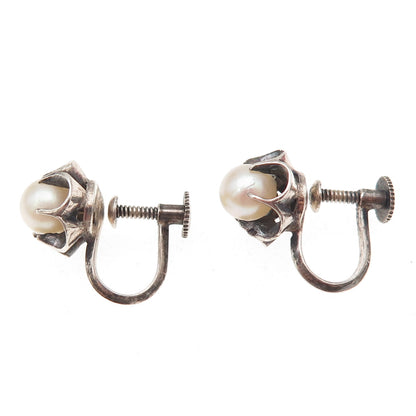 925 Sterling Silver Antique Real Akoya Pearl Floral Oxidized Screw Back Earrings