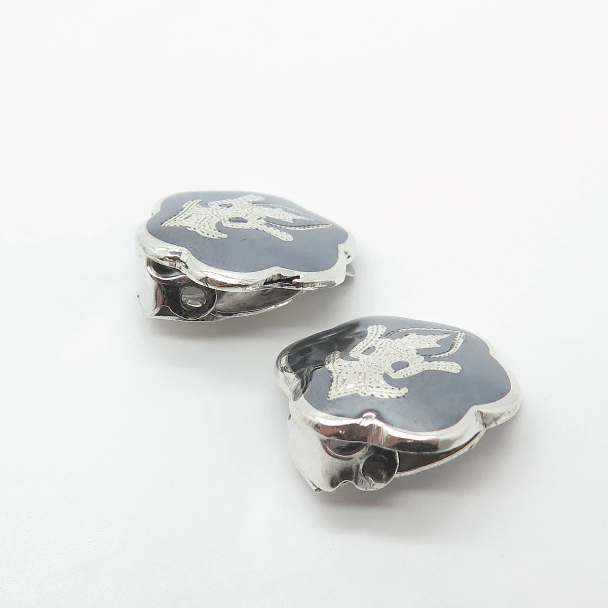 925 Sterling Silver Vintage Siam Enamel Niello Hindu Goddess Clip On Earrings