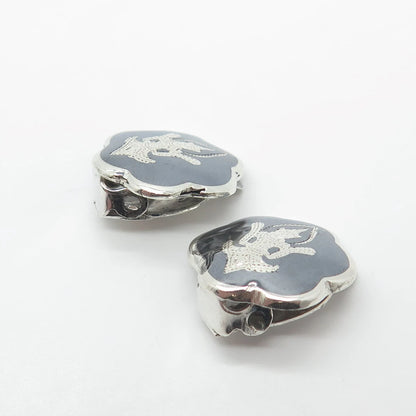 925 Sterling Silver Vintage Siam Enamel Niello Hindu Goddess Clip On Earrings