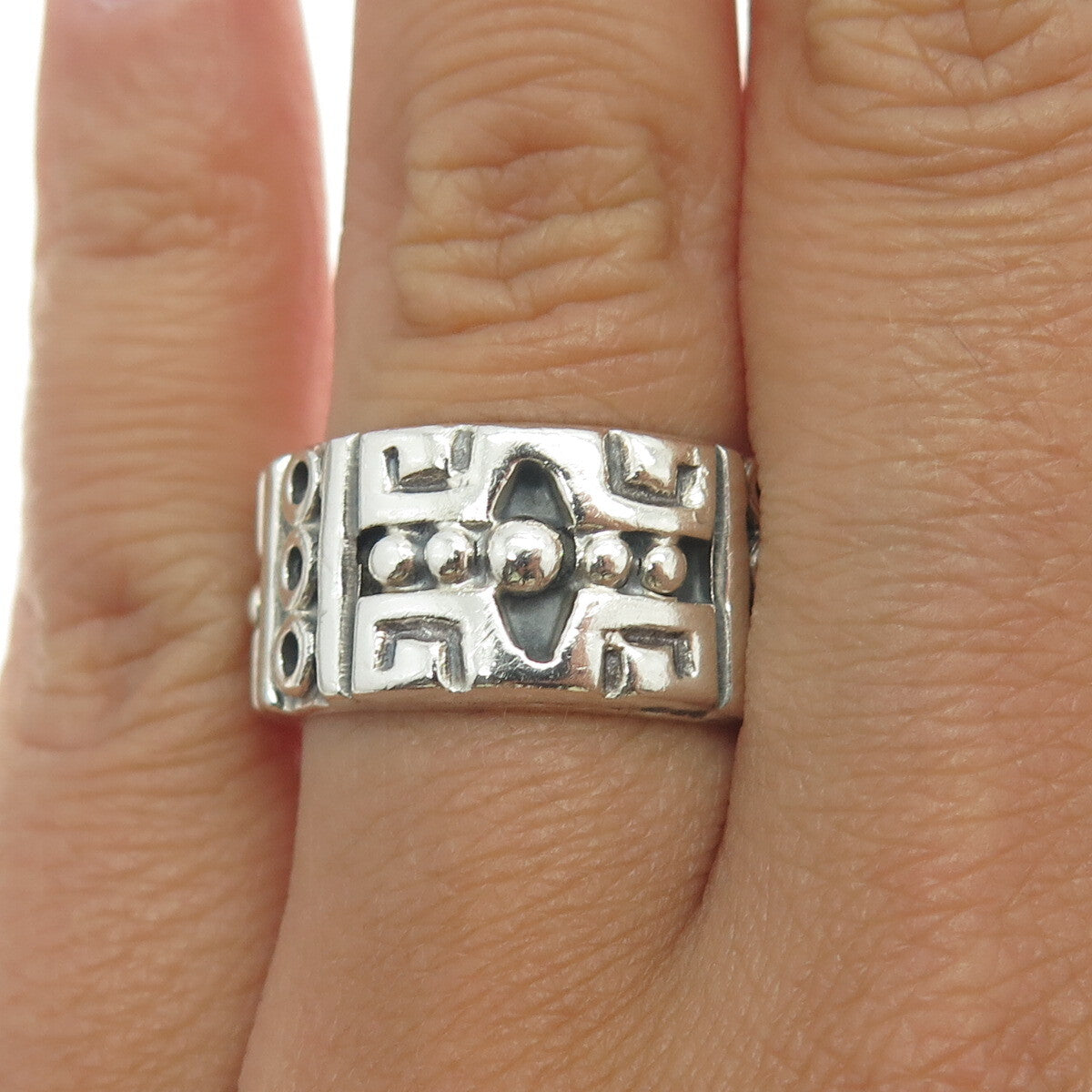 925 Sterling Silver Vintage Mexico Beaded Ethnic Band Ring Size 7.5