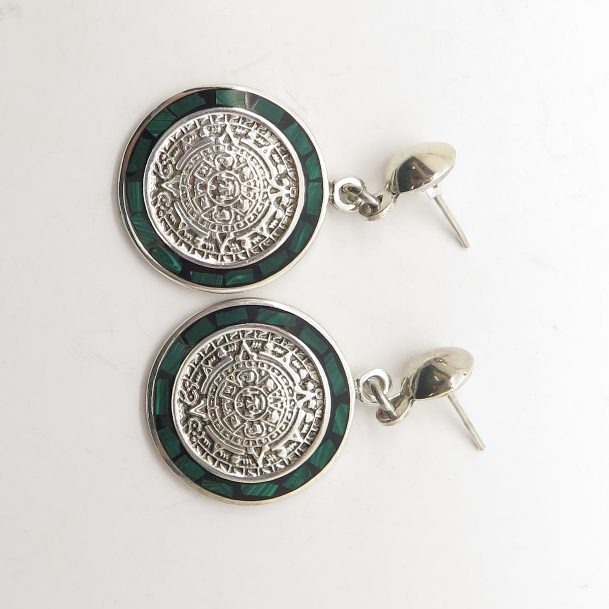 925 Sterling Silver Vintage Mexico Malachite Gem Inlay Aztec Calendar Earrings