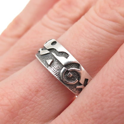 925 Sterling Silver Vintage Tribal Symbols Oxidized Ring Size 7