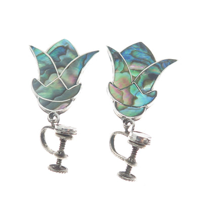 925 Sterling Silver Vintage Mexico Real Abalone Shell Flower Screw Back Earrings