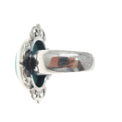 925 Sterling Silver Vintage Real Turquoise Fleur de Lis Oxidized Ring Size 8.75