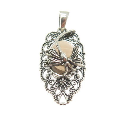 925 Sterling Silver Vintage Real Smoky Quartz Dragonfly Ornate Pendant