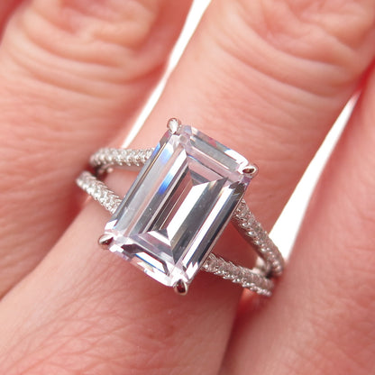 DSMK 925 Sterling Silver Emerald & Round-Cut C Z Engagement Ring Size 7