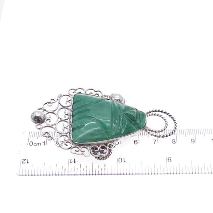 925 Sterling Silver Vintage Mexico Real Jade Aztec God Oxidized Pin Brooch