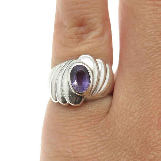 925 Sterling Silver Vintage Real Amethyst Gemstone Ribbed Ring Size 5.25