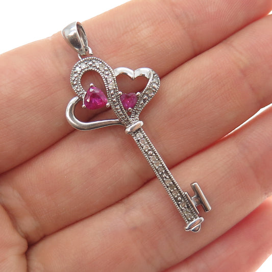925 Sterling Silver Real Diamond & Ruby Heart Key Charm Pendant