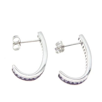 925 Sterling Silver Baguette-Cut Purple C Z Claw Earrings