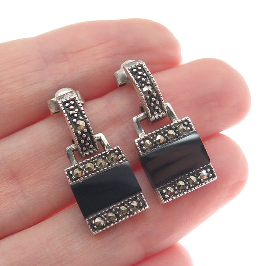 925 Sterling Silver Vintage Real Black Onyx & Marcasite Oxidized Dangle Earrings