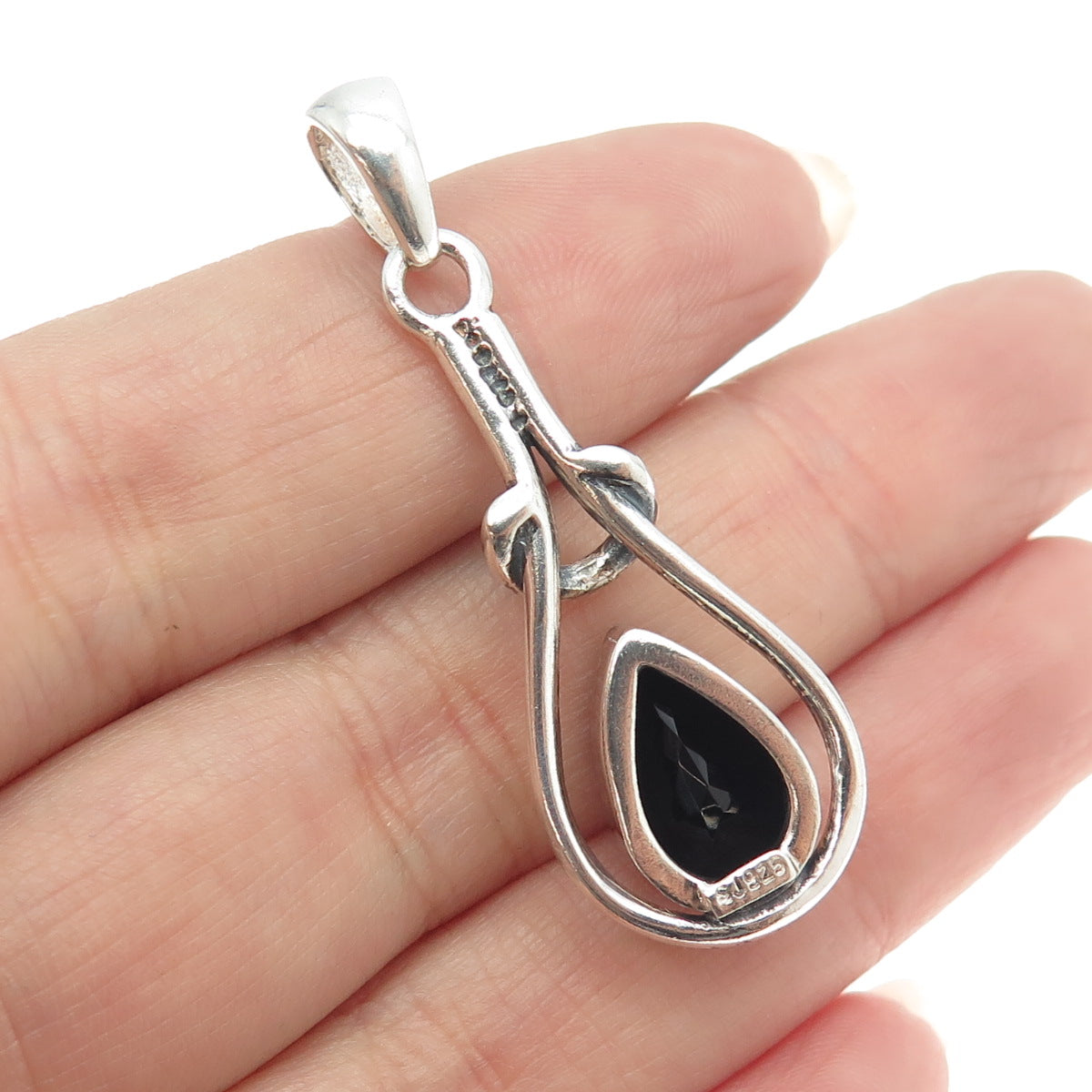 925 Sterling Silver Vintage Real Pear-Cut Black Spinel Modernist Pendant