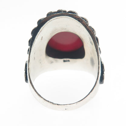 925 Sterling Silver Vintage Real Rhodonite Circle Link Oxidized Ring Size 9