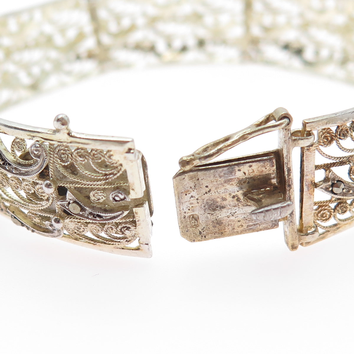 800 Silver Gold Plated Antique Art Deco Real Marcasite Filigree Bracelet 7.25"