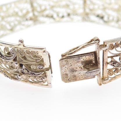 800 Silver Gold Plated Antique Art Deco Real Marcasite Filigree Bracelet 7.25"