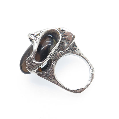 925 Sterling Silver Vintage Israel Real Smoky Quartz Modernist Ring Size 6.75