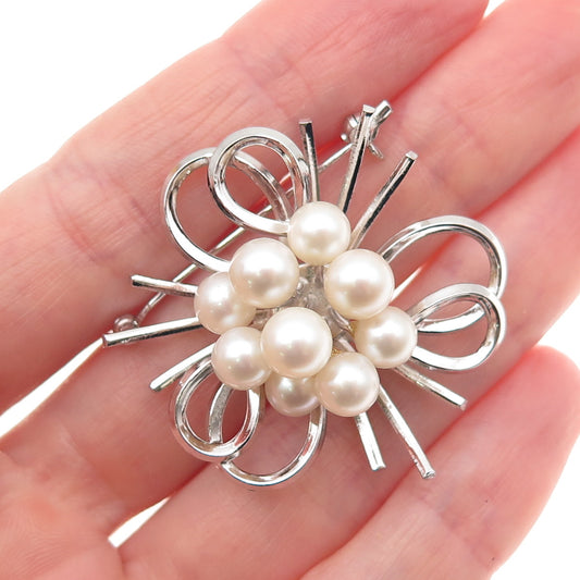 925 Sterling Silver Antique Art Deco Real Akoya Pearl Floral Pin Brooch