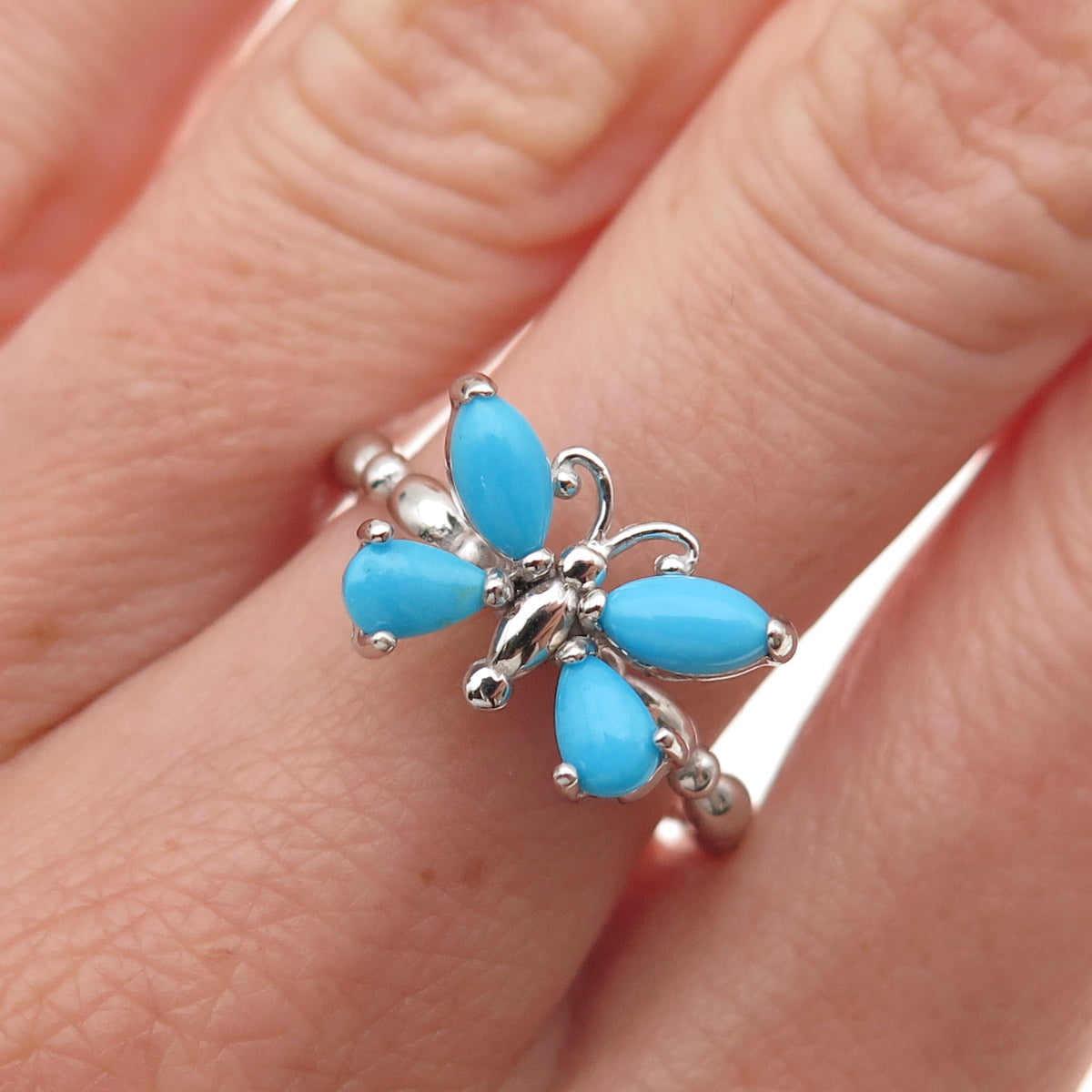 925 Sterling Silver Real Sleeping Beauty Turquoise Butterfly Ring Size 8