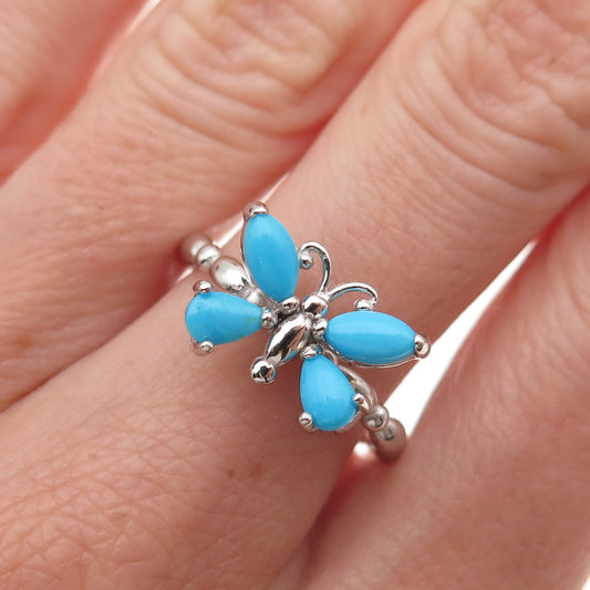 925 Sterling Silver Real Sleeping Beauty Turquoise Butterfly Ring Size 8
