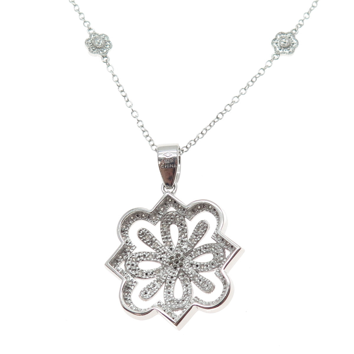 925 Sterling Silver Real Round-Cut Diamond Flower Cable Chain Necklace 20"