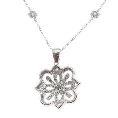 925 Sterling Silver Real Round-Cut Diamond Flower Cable Chain Necklace 20"