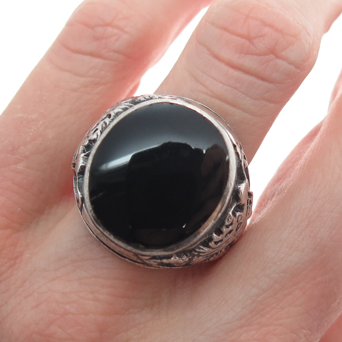 925 Sterling Silver Vintage Real Black Onyx Dragon Oxidized Ring Size 10