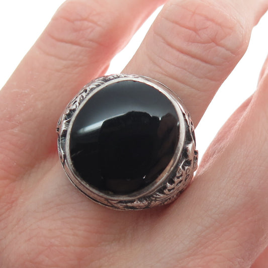 925 Sterling Silver Vintage Real Black Onyx Dragon Oxidized Ring Size 10
