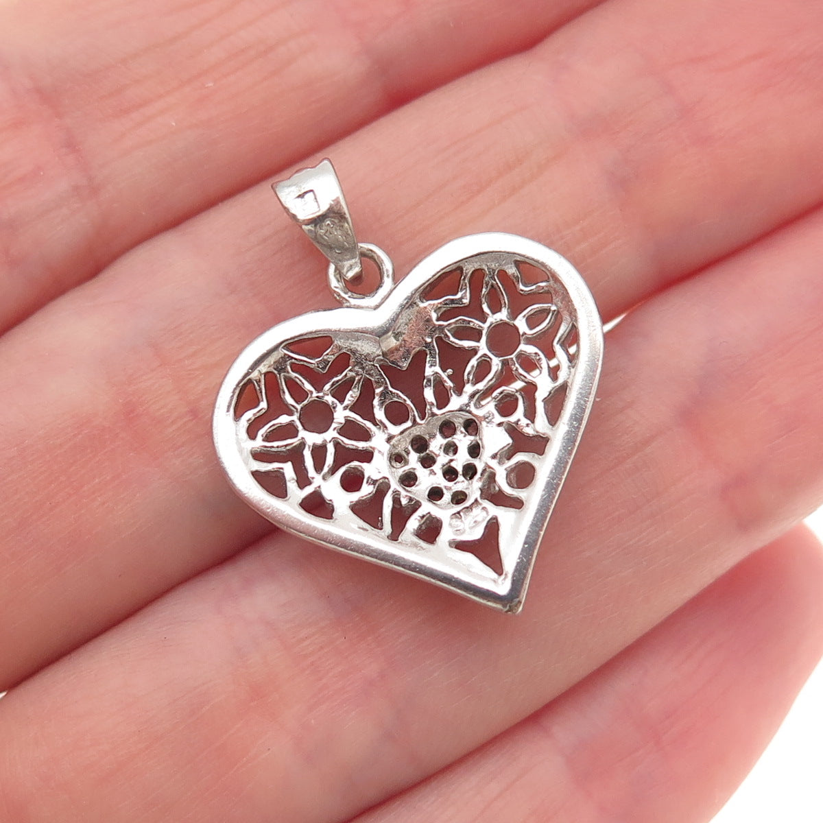 925 Sterling Silver Round-Cut C Z Floral Heart Charm Pendant