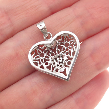 925 Sterling Silver Round-Cut C Z Floral Heart Charm Pendant
