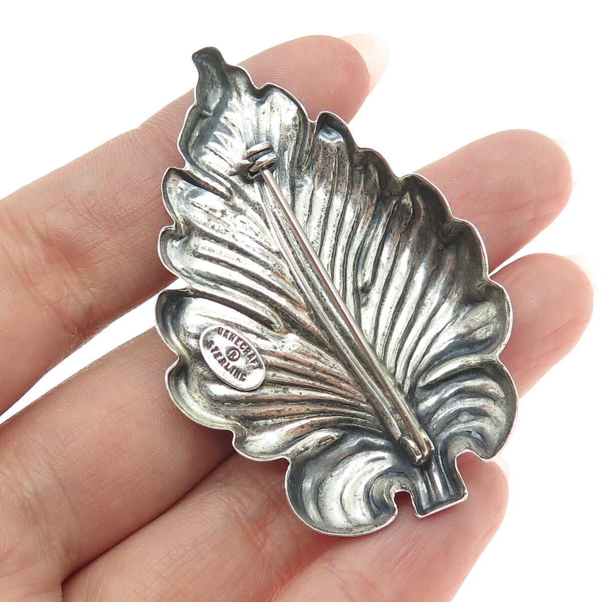 DANECRAFT 925 Sterling Silver Antique Art Deco Leaf Repousse Oxidized Pin Brooch