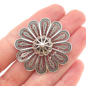 925 Sterling Silver Vintage Israel Floral Filigree Oxidized Handmade Pin Brooch