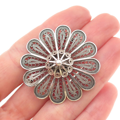925 Sterling Silver Vintage Israel Floral Filigree Oxidized Handmade Pin Brooch