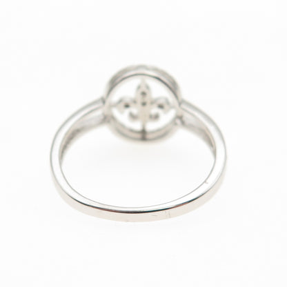 925 Sterling Silver Real Round-Cut Diamond Fleur de Lis Ring Size 6.75