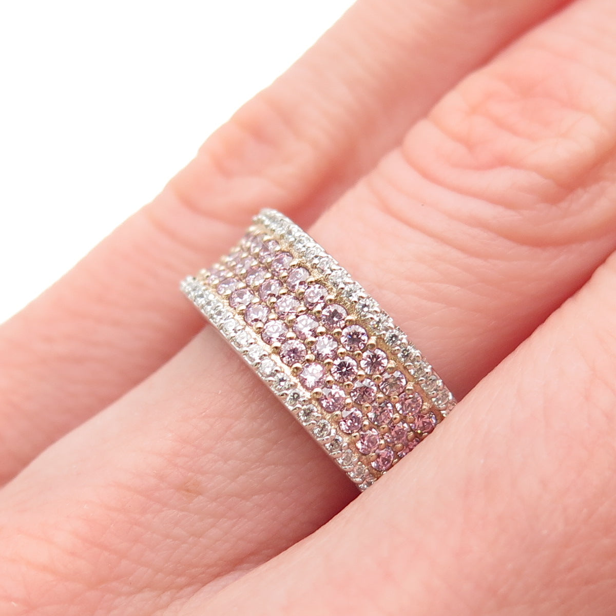 925 Sterling Silver 2-Tone Round-Cut Pink & White C Z Ring Size 5.25
