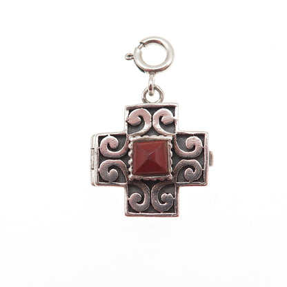 925 Sterling Vintage Real Red Jasper Cross Spring Ring Lock Locket Charm Pendant