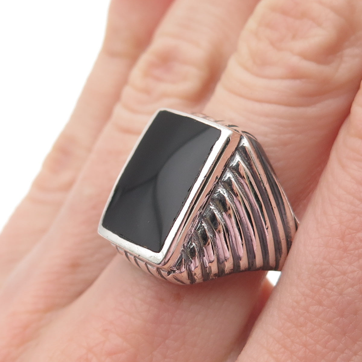 925 Sterling Silver Vintage Real Black Onyx Ribbed Oxidized Ring Size 9