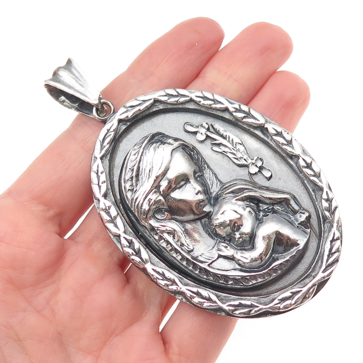 925 Sterling Silver Vintage St. Mary & Baby Jesus Oxidized Large Medal Pendant