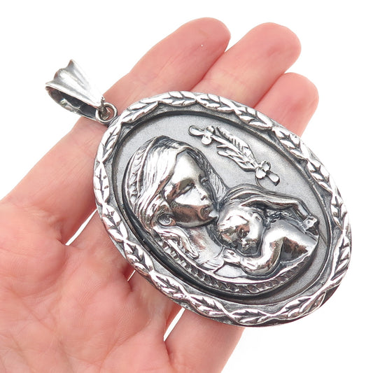 925 Sterling Silver Vintage St. Mary & Baby Jesus Oxidized Large Medal Pendant