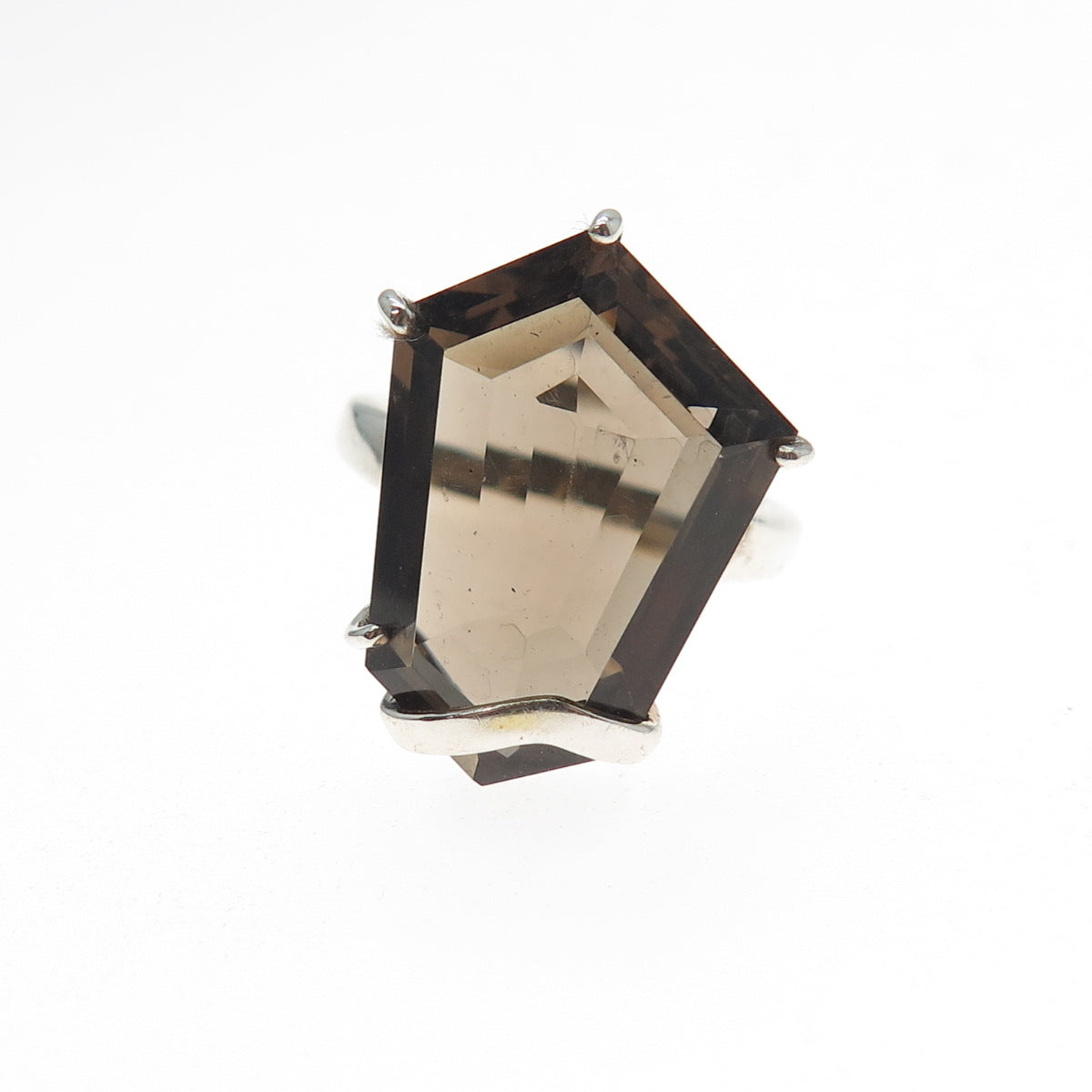 925 Sterling Silver Vintage Real Smoky Quartz Modernist Ring Size 7