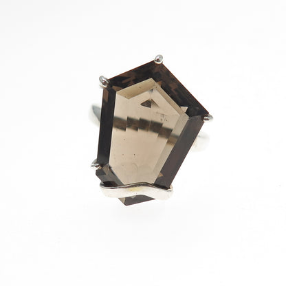 925 Sterling Silver Vintage Real Smoky Quartz Modernist Ring Size 7