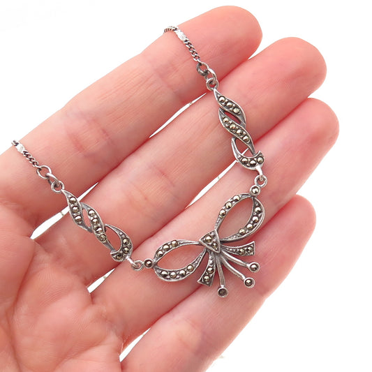 925 Sterling Silver Vintage Real Marcasite Bow Oxidized Cuban Chain Necklace 18"