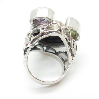 925 Sterling Silver Vintage Real Black Onyx Amethyst & Peridot Ring Size 5.5