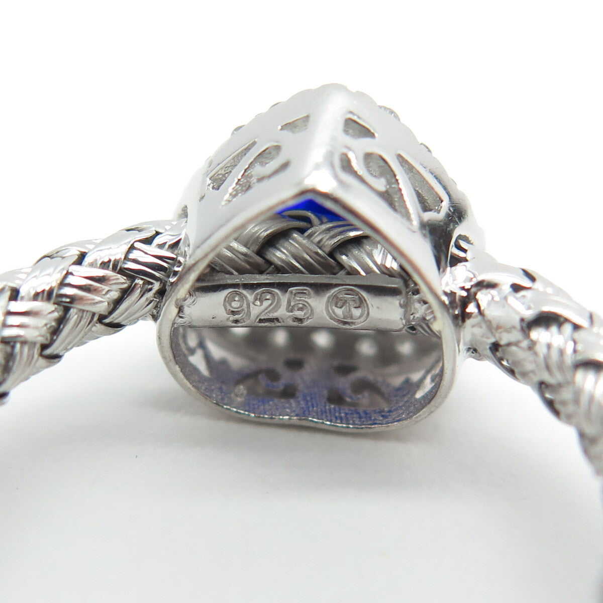 925 Sterling Silver Diamond Glass Evil Eye Heart Woven Adjustable Ring Size 5.5