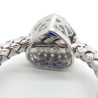925 Sterling Silver Diamond Glass Evil Eye Heart Woven Adjustable Ring Size 5.5