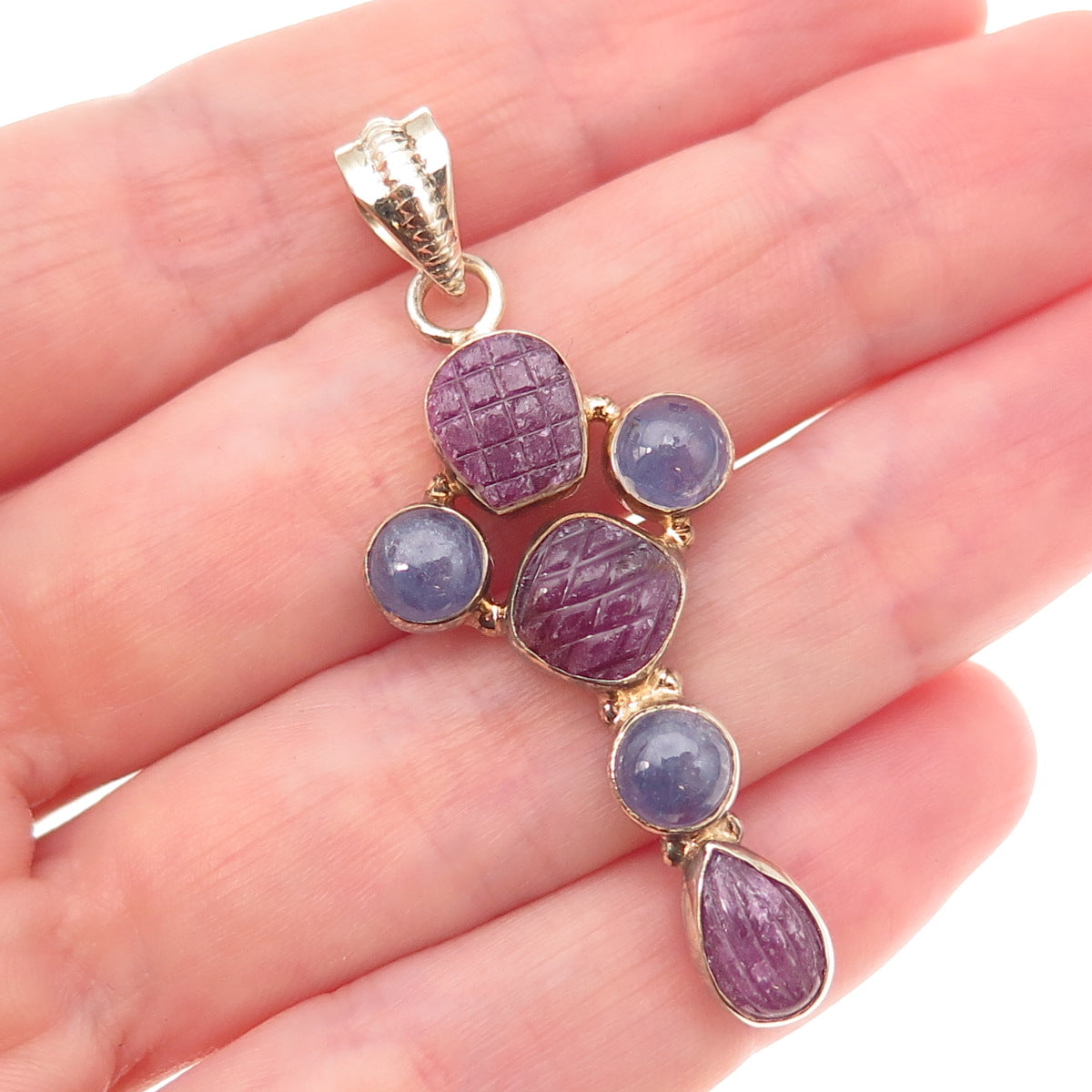 925 Sterling Silver Gold Plated Real Ruby & Tanzanite Cross Charm Pendant