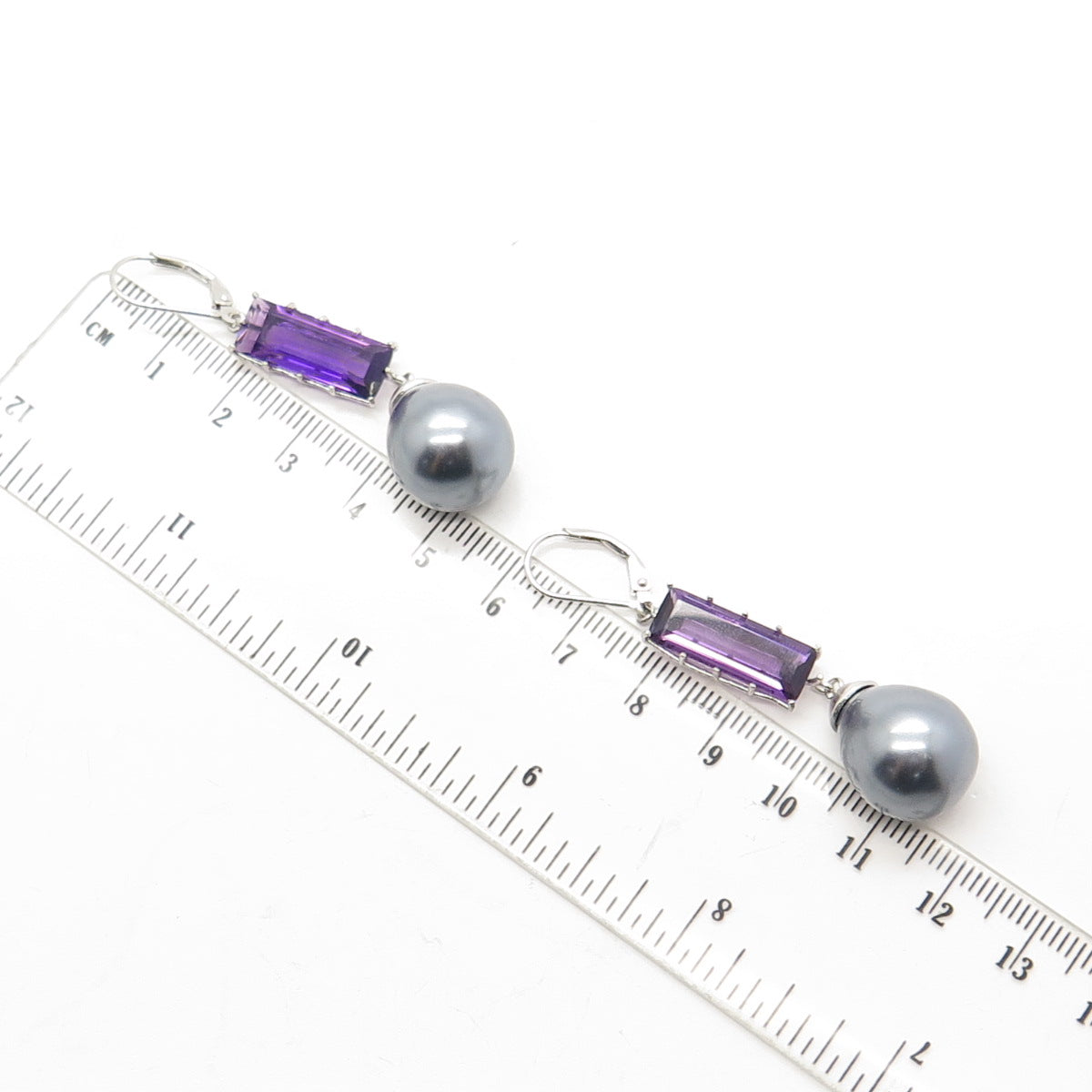 925 Sterling Silver Real Amethyst Gemstone & Faux Gray Pearl Dangling Earrings