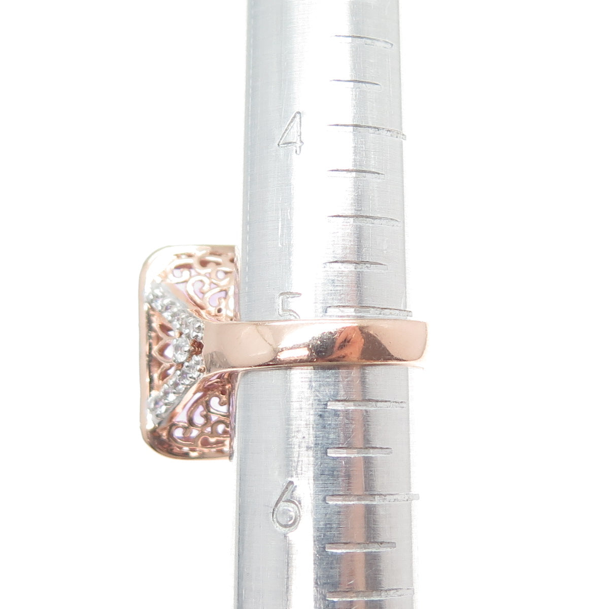 925 Sterling Silver Rose Gold Plated Real Amethyst & White Topaz Ring Size 5.25